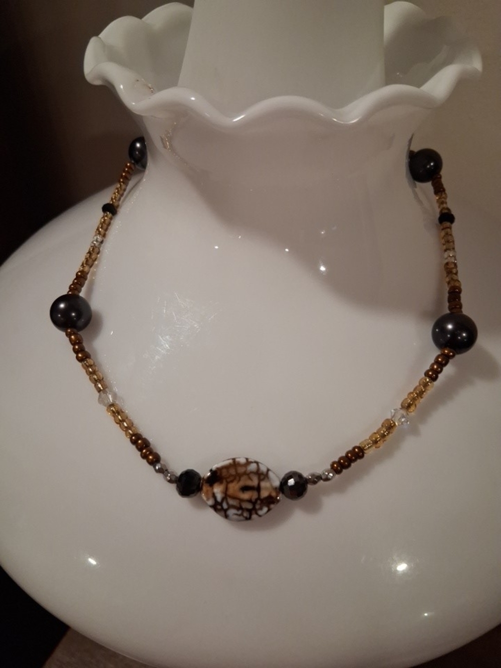 Brown and Black Beaded Necklace with Patterned Focal Bead
